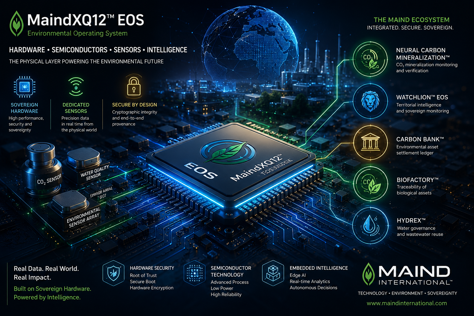 MaindXQ12 Ecosystem — Hardware, Sensors, Carbon Mineralization, WatchLion, Carbon Bank, BioFactory, Hydrex